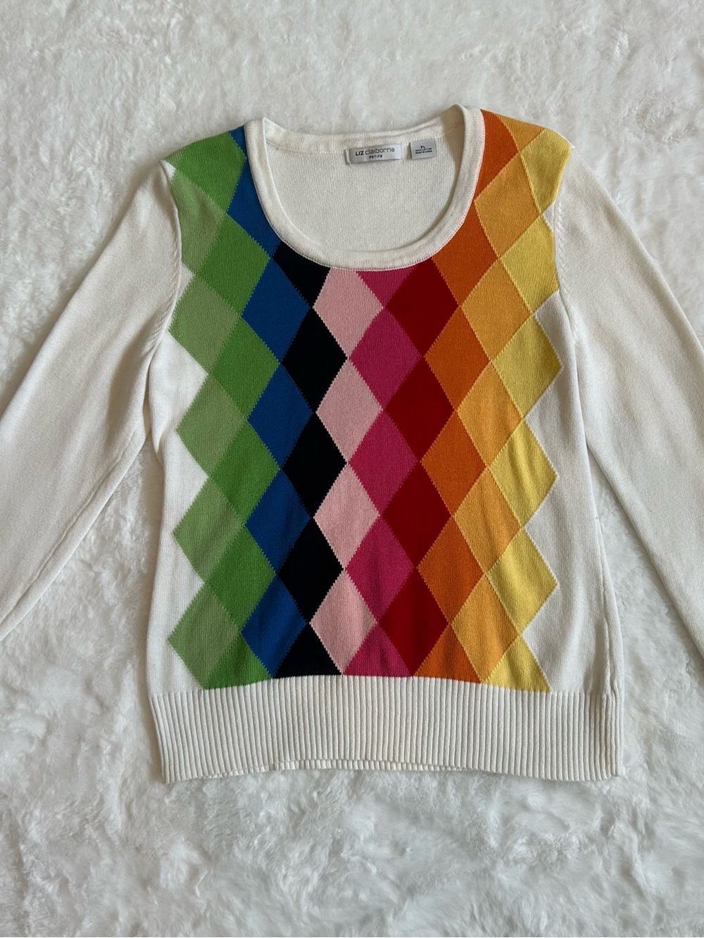 Liz Claiborne White Cream Scoop Neck Sweater with Rainbow Argyle Panel